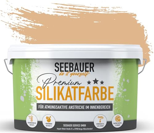 SEEBAUER diy Silikatfarbe Orange 5L für Innen (No. 526 Peanut Butter) Atmungsaktive Mineralfarbe für Allergiker - Abwaschbare Wandfarbe - Orangetöne hohe Deckkraft