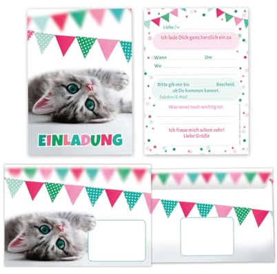 Minkocards 6 Einladungskarten incl. 6 Umschläge zum Kindergeburtstag Mädchen Jungen Katze coole bunte Einladungen Geburtstag Kinder Mädchengeburtstag Jungsgeburtstag