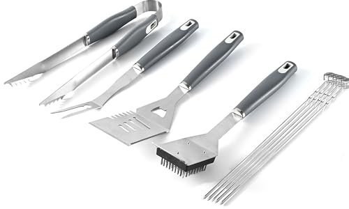 Set di utensili per barbecue in acciaio inox, 10 pezzi, utensili per griglia con spatola, pinze, forchetta e spazzola per la pulizia, resistenti al calore, accessori per barbecue per giardino