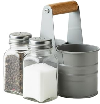 PAAJEE Salt and Pepper Shaker Set with Storage Holder - Premium Glass Salt and Pepper Pots with Convenient Metal Holder with Carry Handle for Kitchen Dining and Table Use