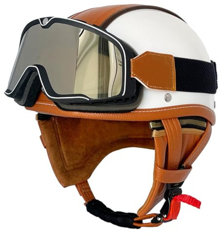 Retro Oldtimer Halbschale Jethelm Brain-Cap Motorrad-Helm DOTECE-Zulassung Rollerhelm Cruiser Chopper Motorradhelm Halbschalenhelm Mit Brille Offener Helm Für Damen Herren 2,XL:61-62CM