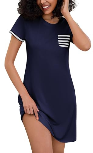 Bresdk Nattlinne damer kortärmad sovskjorta bomull sommar nattskjortor sexig t-shirt sovskjorta sovkläder, A- Blå, XXL