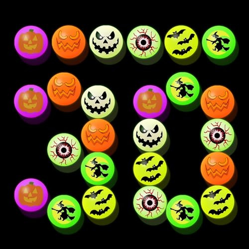 VEYLIN 30 Stück Halloween Flummis – 32mm Nachtleuchtende Hüpfbälle – Halloweens Mitgebsel für Kinder, Süßes oder Saures, Partyspiele, Kindergeburtstag, Halloween Giveaways