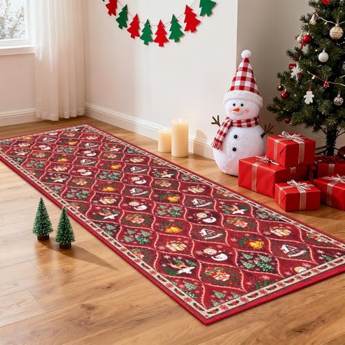 Enyhom Weihnachts Flur Teppich Läufer, 80 x 200 cm Waschbar rutschfest Teppichläufer Weich Kurzflor Lang Teppich für Wohnzimmer, Schlafzimmer Eingang Küchen Läufer