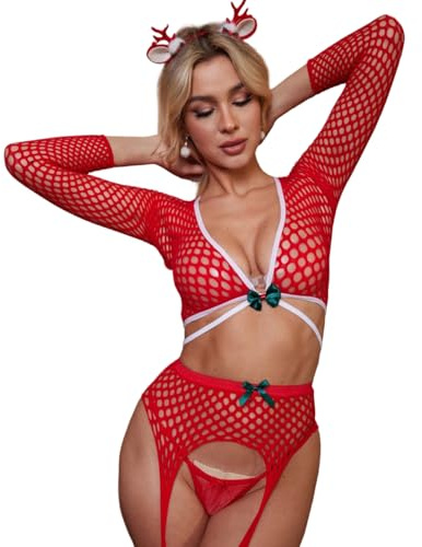 Women's Sexy Fishnet Lingerie Set 3-Piece Bow Sheer Mesh Hollow-Out Lace Bodystockings Long Sleeve Crop Top Suspender with Stockings Thong Teddy Underwear See Through Bikini Babydoll Nightwear