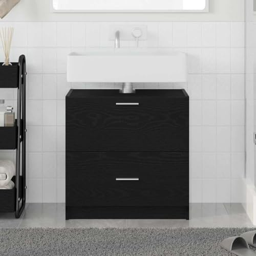 Zeehear Mobile per lavabo in rovere nero, 59 x 37 x 59 cm, in legno di legno, con cassetto, mobiletto da bagno rustico per lavabo, mobile da bagno durevole