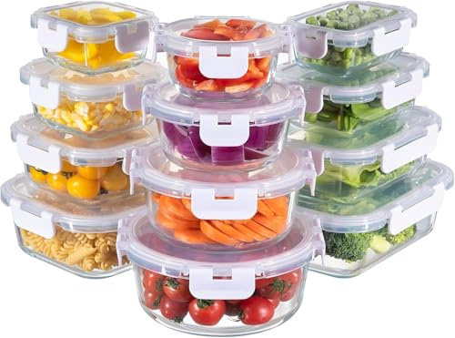 MFY 12 Stück Glasbehälter mit Deckel, Frischhaltedosen mit Deckel, Meal Prep Boxen Glas mit 12 Behälter & 12 Deckel, Spülmaschinen- Mikrowellen, Weiß