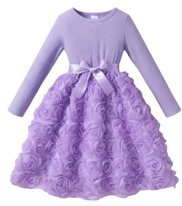 JiAmy Girls Flower Dress Long Sleeve Rose Tulle Princess Party Dress with Satin Bow, Toddler Little Girls Birthday Wedding Occasion Dresses 6 Years, Purple