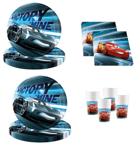 Procos - Decoración de cumpleaños Cars, 52 Piezas, Platos de cartón, Vasos y servilletas para cumpleaños Infantiles, vajilla de Fiesta