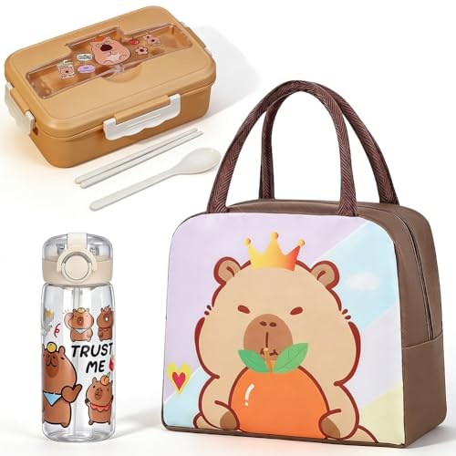Bolsa de Almuerzo de Capybara para Niños – Set de 3 Piezas: Lonchera Térmica Reutilizable + Botella de Agua con Paja + Fiambrera de 900 ml sin BPA Para Escuela Picnic Viaje y Actividades al Aire Libre
