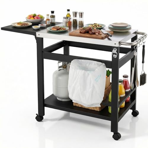 LIFERUN Carro de Barbacoa con Mesa Lateral Plegable, Estación de Preparación de Acero Inoxidable, Carrito de Comedor Móvil con 4 Ruedas, Ganchos y Portabotellas para Jardín, Terraza, Exterior, Picnic