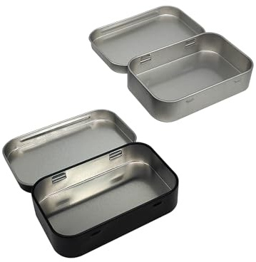 2 Pcs Small Tins with Lids,Hinged Tobacco Tin Metal Tin Rectangular Storage | Durable Case for Snack Candy Earrings Coin Gift Card,Portable Tin Box for Home Office Travel Smoking Accessories,Silver Black