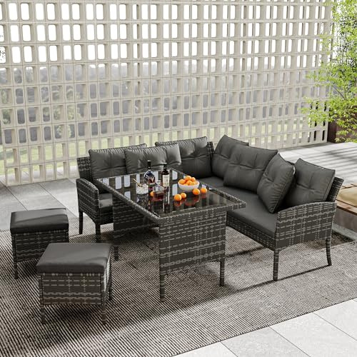 BTM Poly Rattan Sitzgruppe Esstisch Lounge Gartenmöbel Sitzgarnitur Garten-Garnitur Set, Gartenlounge für 7 Personen, mit Sofa, Tisch, Hocker & Kissen, Abnehmbarer und waschbarer Stoffbezug,grau