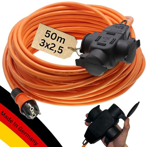 maxgo Verlängerungskabel 50m Außen 3-Fach Verteiler H07BQ-F 3x2,5 Panzerleitung Stromkabel Außenbereich Schuko Verlängerung 50 Meter Outdoor Verlängerung Kabel Mehrfachstecker Multisteckdose