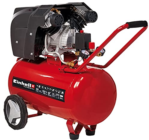 Einhell Compresor TE-AC 400/50/10 V (cilindro en V lubricado por aceite, 2200W, 10 bar, tanque de 50L, capacidad de aspiración de 400l/min, reductor de presión, 2 manómetros y 2 acoplamientos rápidos)
