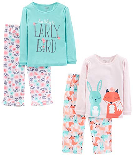 Simple Joys by Carter's Pijama de 4 Piezas (Parte Superior de Algodón y Parte Inferior de Felpa) Niña Pequeña, Azul Estampado Con Textoo/Rosa Claro Floral/Rosa Estampado de Animales, 5 años