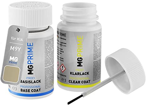 MG PRIME Autolack Lackstift für KIA M9Y Milky Beige Metallic + Klarlack | Set aus Basislack + Klarlack, Lackfläschchen mit Pinsel, je 50ml