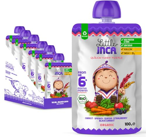 Little Inca Yummy Purple (6 x 100 g) | Recycelbare Beutel mit pflanzlicher Bio-Babynahrung auf Quinoa-Basis, schont den Darm und fördert die kognitive Entwicklung | Laktosefrei | Ab 6 Monaten