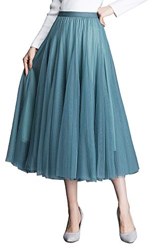 ANIMQUE Mujer Falda Larga de Tul Midi 78cm de Longitud Tiro Alto Falda Plisada Cintura Elástica Princesa Elegante Falda Fiesta Boda, Cían Azul