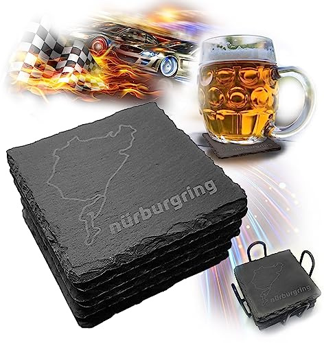 Nürburgring Untersetzer für Getränke, 6-teiliges Set Untersetzer aus Schiefer, für zuhause und das Esszimmer, Dekoration, Rennsportfans