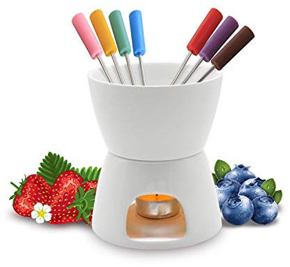 ABHOME Little Fondue Set, Keramik Fonduetopf zum Schmelzen von Pralinen/Käse, Weiß