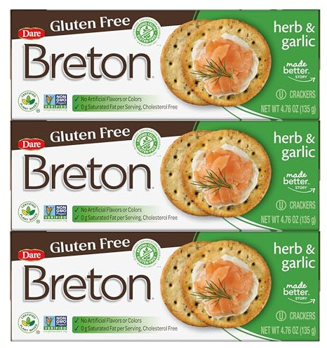Breton Gluten Free Herb & Garlic Crackers (Pack of 3) - Non-GMO, Plant-Based, For Snacking, Dips, Cheese and Spreads, 3x4.76oz