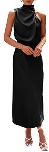 PRETTYGARDEN Women's 2025 Summer Satin Dress Elegant Sleeveless Mock Neck Cocktail Party Maxi Dresses (Black,Small)