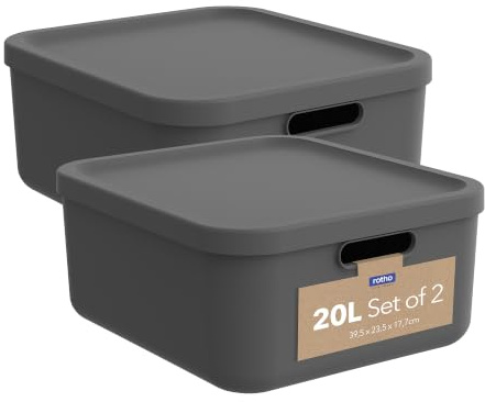 Rotho Albula Aufbewahrungsbox mit Deckel 20 L 2er-Set stapelbar Anthrazit | Aufbewahrungsboxen, stapelbar, nestbar, zwei offene Griffe, sicher verschließbar, aus recyceltem Kunststoff, pflegeleicht