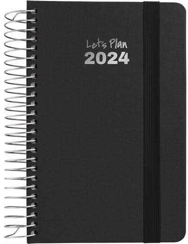 Grafoplás | Wochenansicht 2024 | Schwarz | A6 | Spanisch | Spiralbindung | Hardcover mit Stoff gefüttert | elastischer Verschluss | Januar bis Dezember Jahr 24 | Fancy Serie | Perfekt zum Verwalten