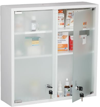 Relaxdays Armadietto Pronto Soccorso per Medicinali, Cassetta Medicine Chiusa a Chiave, 2 Ante, 53x52,5x15,5 cm, Bianco