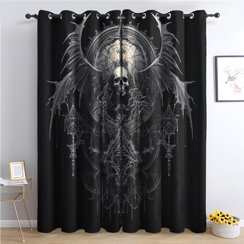 THYUNQ Vorhänge Gothic Totenkopf Motiv, Vorhang Blickdicht Verdunklungsvorhänge Thermovorhang mit Ösen, Gardinen Wohnzimmer Schlafzimmer Fenster, 2er Set Curtains, H 166 x B 75 cm