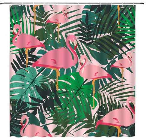 CCXTCZ Flamingo-Duschvorhang, Palmblatt-Grün, tropische Blätter, Hawaii, Aquarell, Vögel, Pflanze, Stoff, Badezimmer-Dekoration, Vorhänge mit Haken, Rosa/Grün