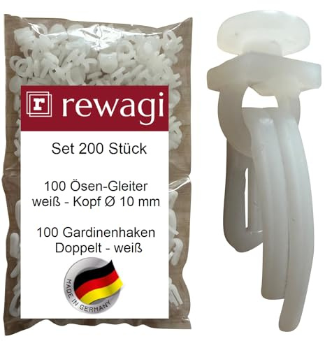 rewagi Set - 100 Ösen-Gleiter & 100 Gardinenhaken - Doppelt, Überklipshaken, Faltenhaken für Gardinenschienen - ZAT