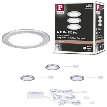 Paulmann 93121 LED Möbeleinbauleuchten 3er-Set 65mm 3x2,5W 3x180lm 230/12V 4000K Eisen gebürstet