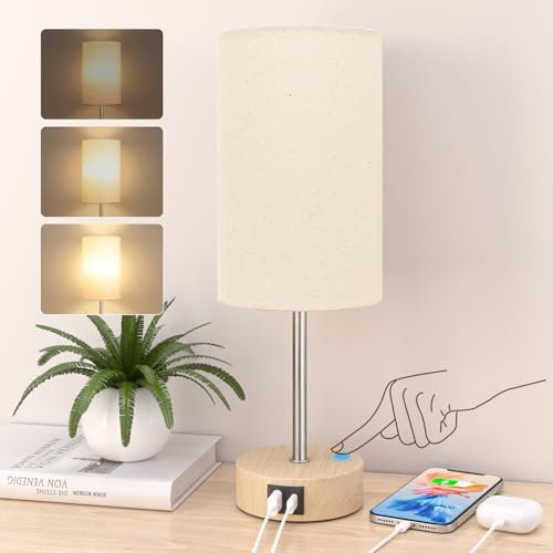 STANBOW Nachttischlampe Touch Dimmbar, Tischlampe mit USB A+C Ladeanschlüssen, Leinen-Lampenschirm, Kleine Lampe für Schlafzimmer, Wohnzimmer