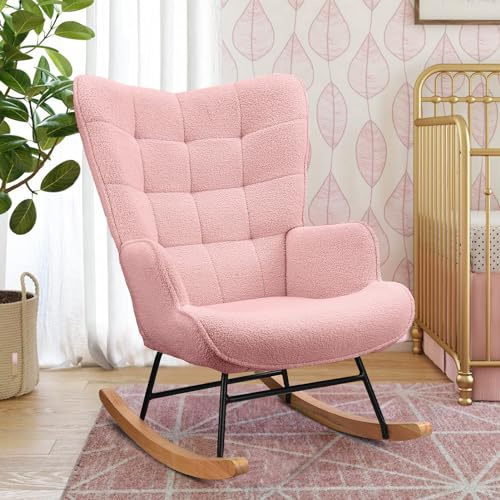 ADFUNIT Sillón mecedora de relax, sillón mecedora de tela de peluche, sillón de salón, estructura de madera maciza y metal, con respaldo alto, soporta hasta 130 kg, color rosa