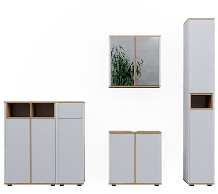 Vicco Set de Muebles de baño Didi, Blanco/Artesano, 60 cm, Compuesto por Conjunto con Armario con Espejo, Mueble bajo Lavabo, 2 Muebles medianos y Columna