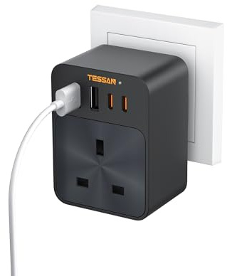 TESSAN PD 30W USB C Plug Adaptor UK, 4 USB Charging Ports | 2 USB C and 2 USB A Ports, 30W Fast Charger USB C, Black Wall Charger Sockets for Home, Kitchen, Office, School Supplies