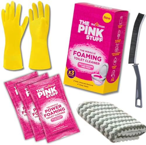 The Pink Stuff Miracle Toilet Cleaning Bundle - Includes 3 Sachets of The Pink Stuff Miracle Power Foaming Toilet Cleaner, Narrow Gap Brush, Microfibre Cloth, and Household Rubber Gloves