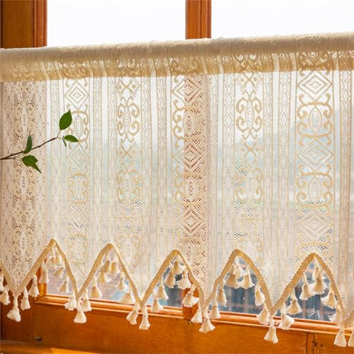 Scheibengardinen Landhausstil, Häkelgardine Bistrogardine Vintage Halbe Gardinen Fenster, Scheibengardinen Boho Leinen Kurzgardine Weihnachten Mit Fransen Für Kleine Fenster (BxH 120x38 cm)