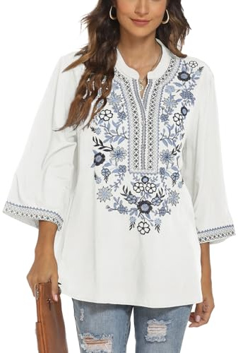 Seasonal Dam hippie blus bohemisk mexikansk topp 3/4 ärm V-ringad knapp-up tunika folklore blus med broderi, Vit-372, M