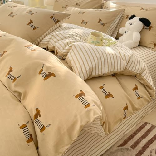 Sedefen Bettwäsche 220x240cm Beige Dackel Streifen Wendebettwäsche Set | Dachshund Gestreift Bettbezug Weiche Microfaser Kinderbettwäsche mit Reißverschluss und 2 Kissenbezug 80x80,Certifié Oeko-Tex