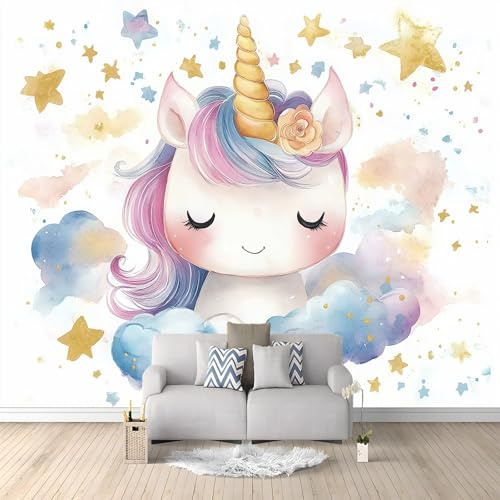 Papier Peint Photo Peinture À L'Aquarelle Licorne Étoiles 250 x 175 cm Papier Peint Panoramique Papier Peint Intissé Murale Pour Chambre De Fille, Garçon, Chambre De Bébé Salon Chambre Décor
