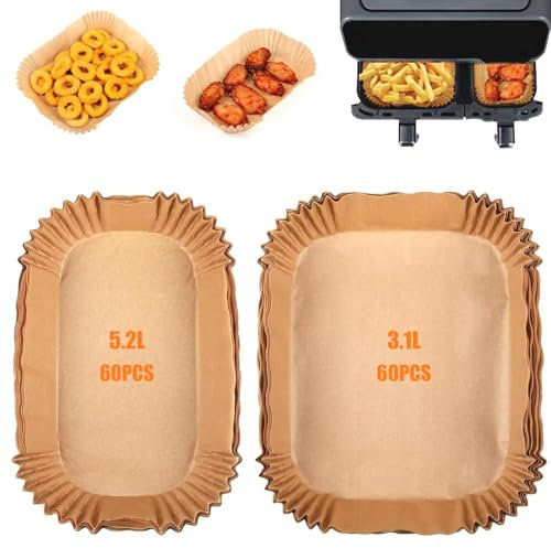 Carta Forno per Friggitrice Ad Aria 5,2L/3,1L,Accessori Air Frye Cottura Antigrasso Monouso per Cucine,Teglie Fodera Carta Oleata per Padelle,Forno Aria Calda,Grill,Friggitrici,Microonde (60pcs+60pcs)