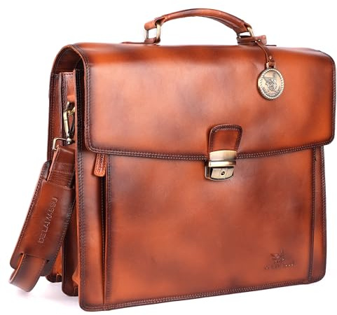 DE LAMASSU® Axel Aktentasche Leder – 17 Zoll Laptoptasche Herren Damen – Business Arbeitstasche mit Zahlenschloss – Schultertasche mit Trolleyband – Geschenkverpackung (Hellbraun)