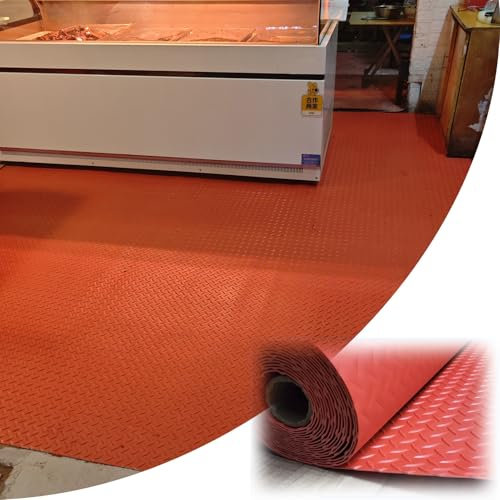 Rouleau de revêtement de sol en caoutchouc commercial/résidentiel – Petit tapis de plaque diamant en caoutchouc imperméable pour garage – 1,7 m de large, rouge, 1 x 1,8 m