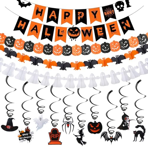 Halloween Deko Set, Gruselige Halloween Party Deko Outdoor Innen, Wiederverwendbarer Girlande Dekoration, Kinder-Party Set zum Aufhängen mit Banner Kurbissen Geist Schläger Bat Hängedeko
