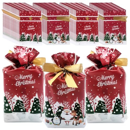 Qaixwuyi 50 Stück Weihnachten Drawstring Geschenk Taschen Geschenktüten Bunt Partytüten Geschenktüten Weihnachten Treat Tasche Geschenktaschen mit Drawstring Goody Bags für Party Rot