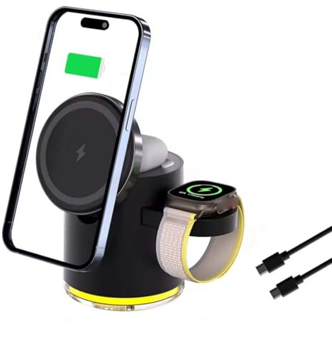 Alpohub Magdock Pro 4-in-1 Charging Station, Magnetic Wireless Charger Dock Stand With 2 Modes Lights, 15W Qi Fast Wireless Charger Stand, Magnetic LED Wireless Charging Station For Smartphone (Black)