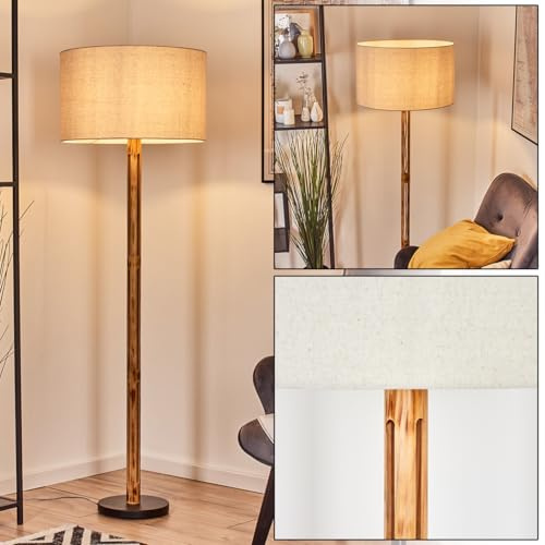HOFSTEIN Stehleuchte Flemming, Stehlampe aus Holz im modernen Boho-Design, Schirm aus Stoff, Ø 50 cm, 158 cm, E27, mit Fußschalter - Wohnzimmer, Schlafzimmer, Esszimmer, Flur